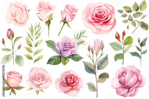 Set watercolor elements of roses collection on white background generated AI