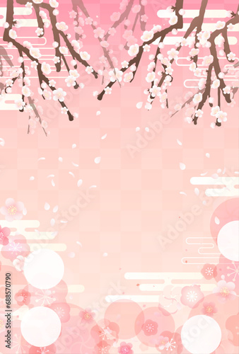 梅の枝と舞い散る花びらの和風イラスト_縦2