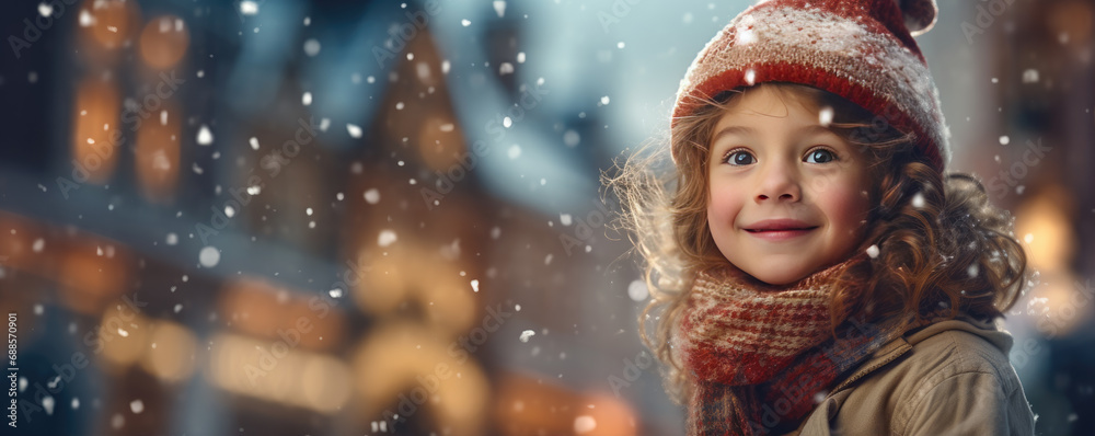 Rear view of girl standing at the city square and looking at Christmas tree in winter time, Christmas tree in evening snow city, Rear view of girl standing at the city square and looking at Christmas tree in winter time, Christmas tree in evening snow city,