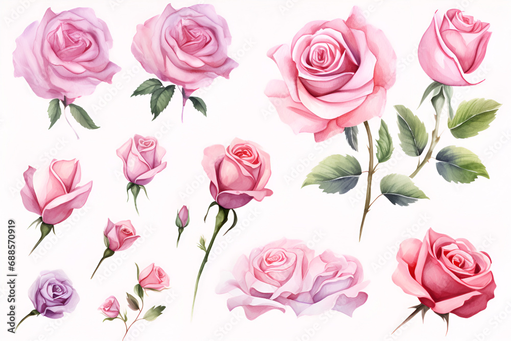 Set watercolor elements of roses collection on white background generated AI Set watercolor elements of roses collection on white background generated AI