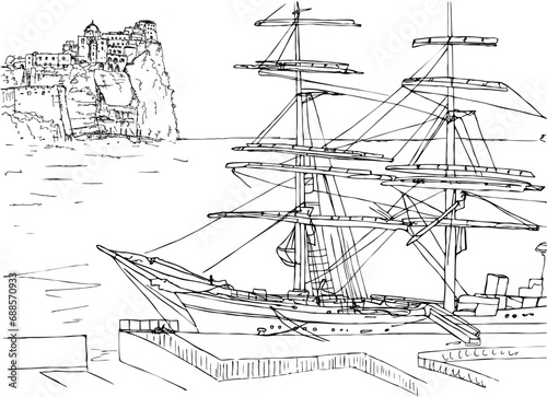 A landscape with a large three-masted sailing ship. A frigate with sails retracted, moored at the sea pier, against the background of a rock in a gulf. Ink sketch