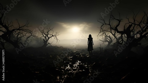 AI-generated illustration of a silhouette in a mysterious foggy forest illuminated by bright light