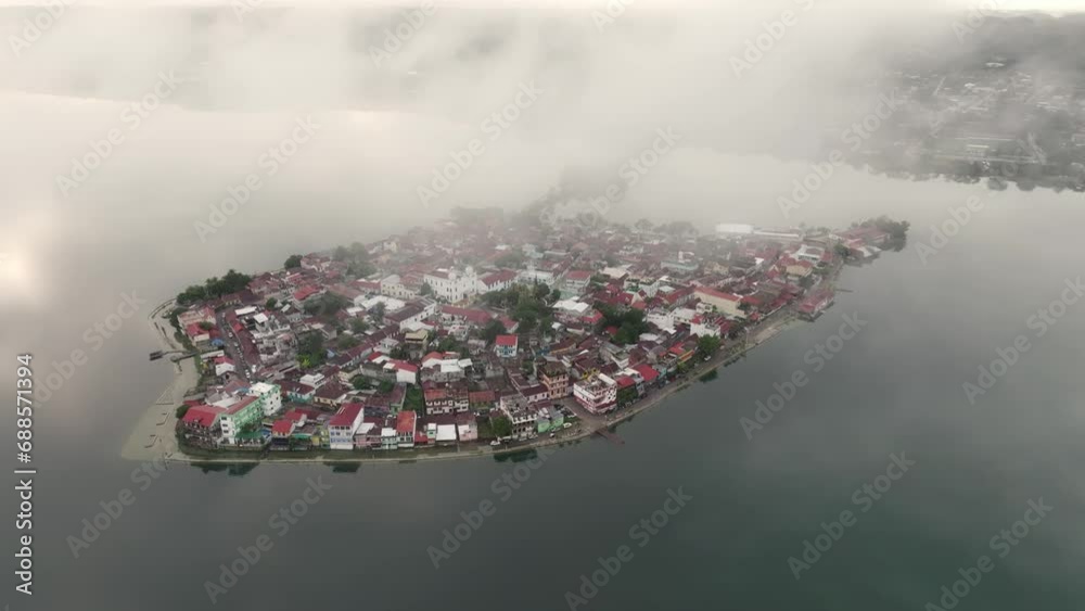 Low clouds at Isla de flores Guatemala during a magical morning, aerial