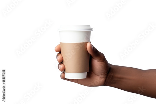 African american man's hand holding a paper cup on transparent and white background. Concept of reduce global warming.