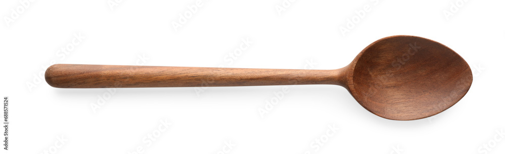 One empty wooden spoon isolated on white, top view - obrazy, fototapety, plakaty 