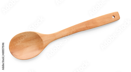 One empty wooden spoon isolated on white, top view