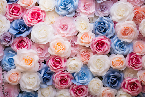 Backdrop of colorful pink white and blue roses generated AI