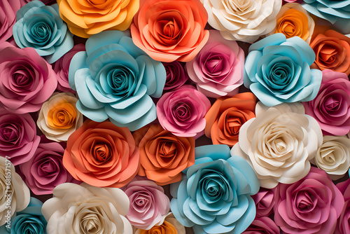 Backdrop of colorful paper roses background. Generated AI