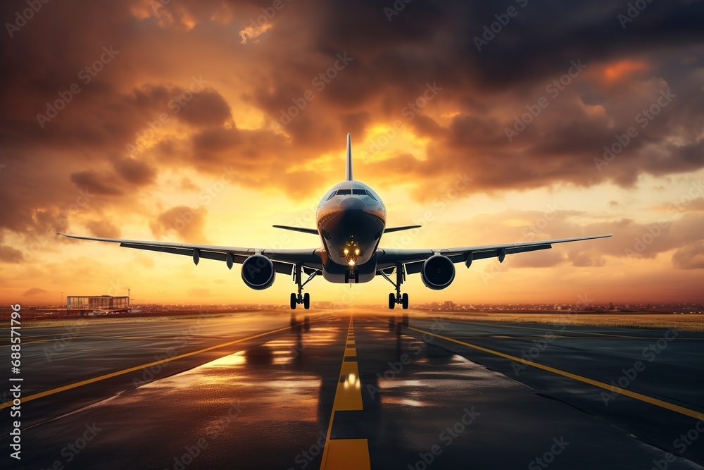 Airplane Landing In The Airport Runway With Sunset background