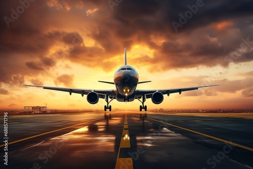 Airplane Landing In The Airport Runway With Sunset background