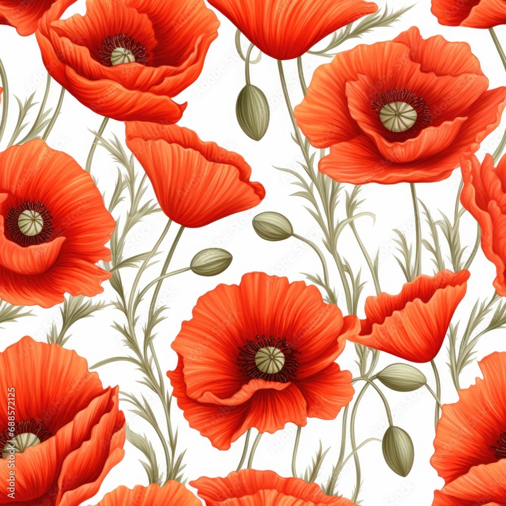 Seamless pattern of red poppies. Watercolor painting