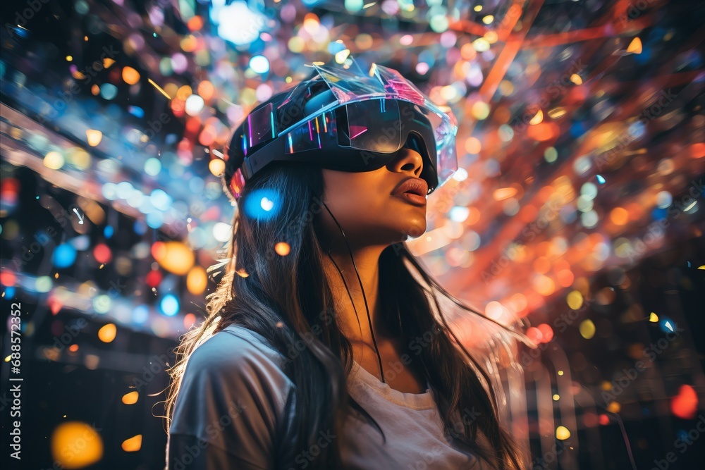 VR Gaming. Girl Engrossed in Immersive and Interactive Virtual Reality with VR Headsets