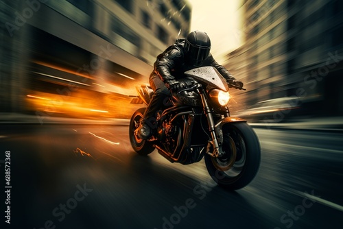 Motorcycle Rider on a Motorcycle in Motion On Street