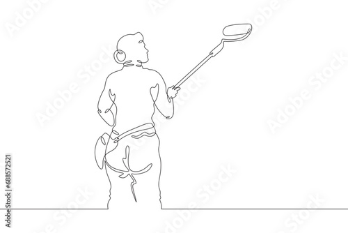 Woman painter. Female character painting walls at construction site. Woman painter with roller and paint. Handyman. Wrench. Repair. One continuous line drawing. Linear. Hand drawn, white background. O © derplan13