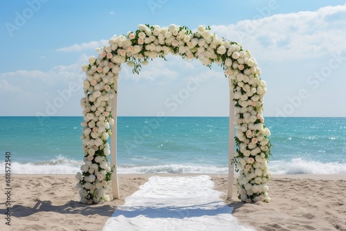beautiful wooden decorative arch with flowers on the beach © MADNI