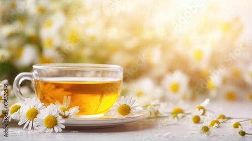 cup of camomile tea on white table in spring or summer with blurred background and flower leaves