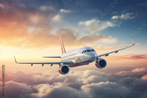 Flying Airplane In The Cloudy Sky Background