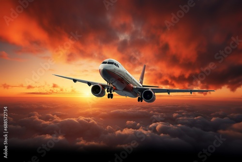 Flying Airplane with sunset on Background