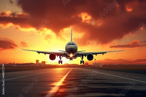 Airplane Landing In The Airport Runway With Sunset background