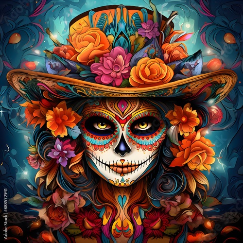 Painted face of a woman with a hat, decorated with flowers roses. For the day of the dead and Halloween.
