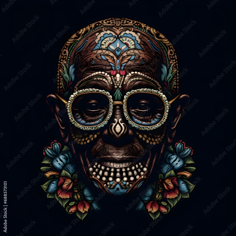 Black face of a man decorated with flowers, paintings, skull. For the day of the dead and Halloween. Black face of a man decorated with flowers, paintings, skull. For the day of the dead and Halloween.
