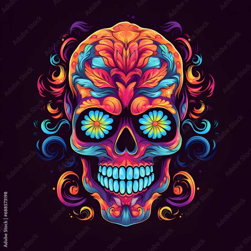 Colorful painted skull on a dark solid background. For the day of the dead and Halloween.