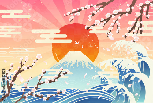 梅と波と富士山の日の出_和風イラスト_横4