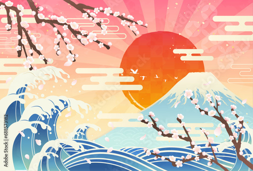 梅と波と富士山の日の出_和風イラスト_横1
