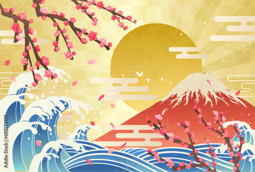 梅と波と富士山の日の出_和風イラスト_横6