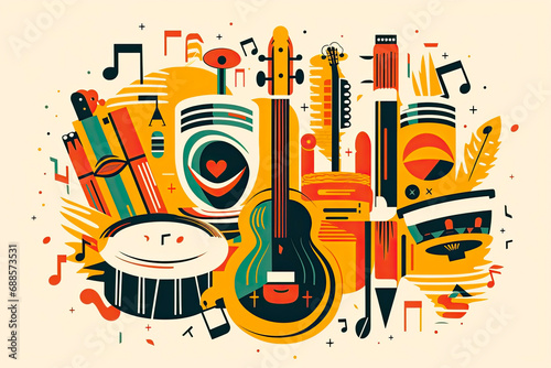 Illustration of traditional Brazilian instruments, such as the pandeiro and tamborim, that are essential to the carnival music