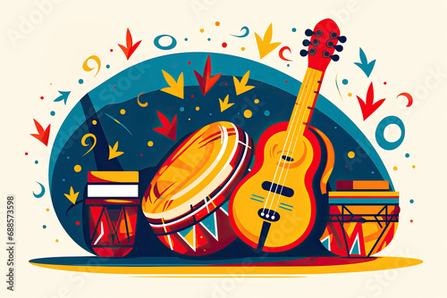 Illustration of traditional Brazilian instruments, such as the pandeiro and tamborim, that are essential photo