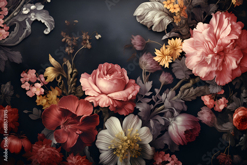 Vintage bouquet of beautiful peonies on black. Generated AI