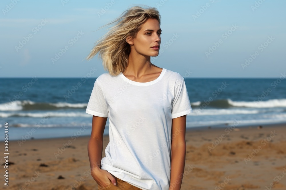 White blank t shirt mock up. Woman on the beach White blank t shirt mock up. Woman on the beach