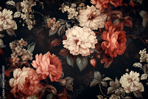 Vintage bouquet of beautiful peonies on black. Generated AI photo