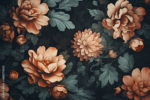 Vintage bouquet of beautiful peonies on black. Generated AI