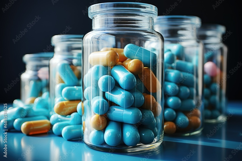 Vitamins capsules in a white jar on a blue background, photo, clarity, subject photo professional photo Vitamins capsules in a white jar on a blue background, photo, clarity, subject photo professional photo