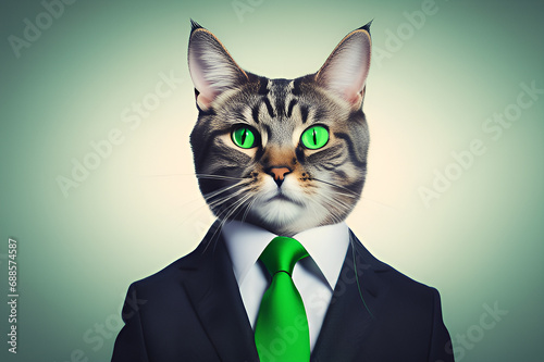 The cat with yellow eyes is dressed in a business suit with a green tie. © irina1791