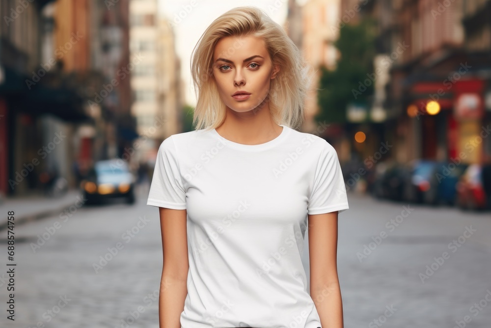 White blank t shirt mock up. Woman on street White blank t shirt mock up. Woman on street