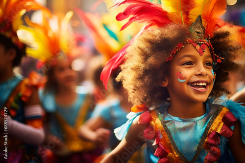 Children in colorful costumes participating in a carnival-themed parade