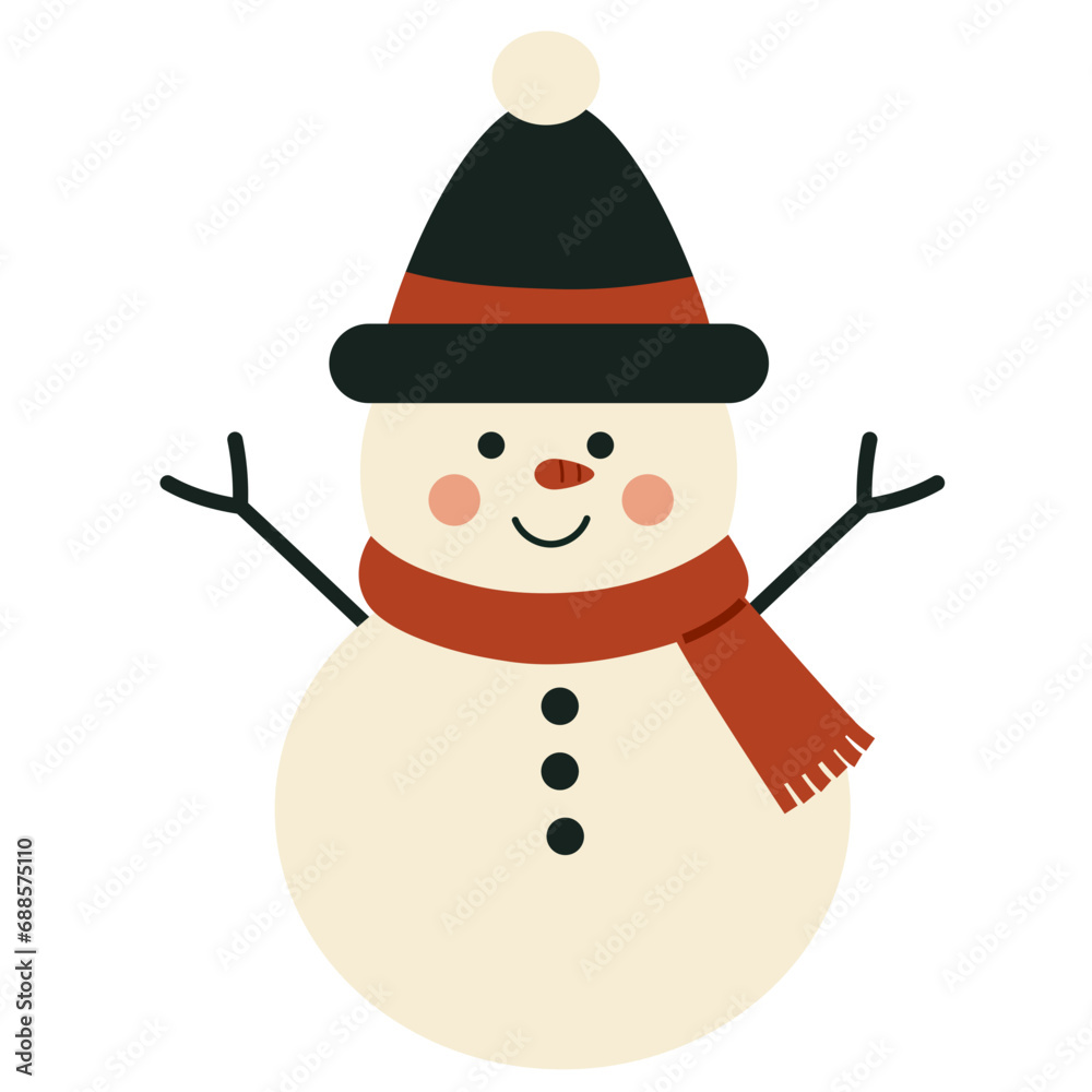 Boho happy snowman with red scarf and hat