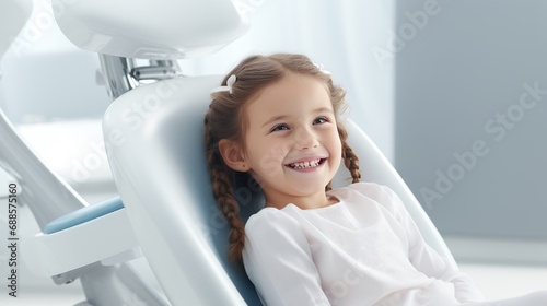 A cute little girl in a dental clinic  Sitting in a dentist s chair and smiling a beautiful smile with white teeth
