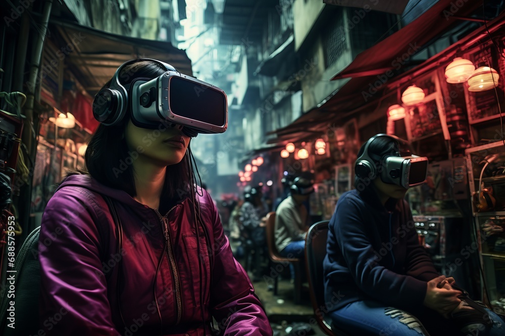 people using VR headsets in modern city people using VR headsets in modern city