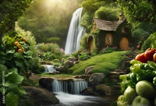 small house in the forest next to waterfall and trees with rocks, water and rocks photo