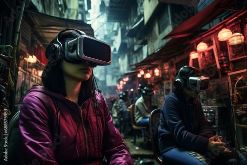 people using VR headsets in modern city