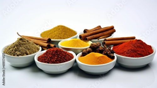 Fototapeta Naklejka Na Ścianę i Meble -  AI generated illustration of a collection of spices in white bowls, presenting a spectrum of flavors