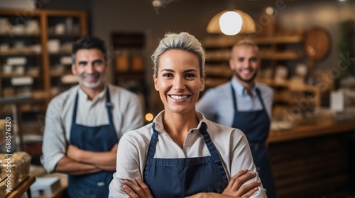 AI-generated illustration of chefs in a bakery, smiling for the camera in a friendly manner