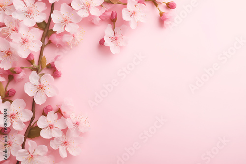 Fresh pink cherry blossoms on light pink background. Pastel color. Generated AI