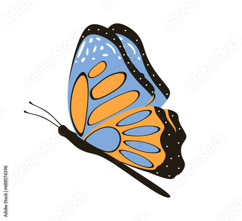Vector exotic butterfly flying, side view. Cute colorful summer insect with beautiful wings. Hand drawn tropical moth flies isolated on white background. Flat vector illustration 