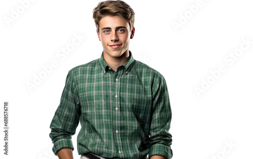 Boy Content in Green Checkered Outfit Isolated on a Transparent Background PNG