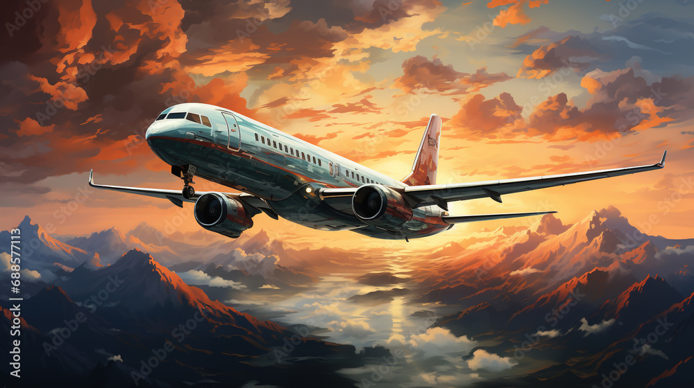 Commercial Aircraft Soaring Over Misty Skies Sunset Hues Painting The Horizon on Blurry Background